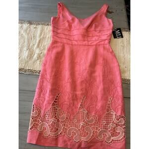 Melissa Collection Pink Coral Linen Blend Dress Sz 6 Leaves Floral Lace